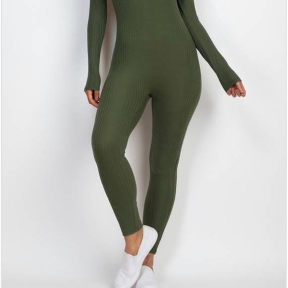 OLIVE RIBBED MOCK NECK LONG SLEEVE JUMPSUIT ROMPER - Picture 9 of 9